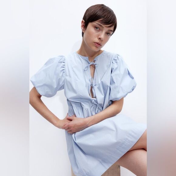 H&M TIE-DETAIL PUFF-SLEEVED DRESS - Picture 4 of 6